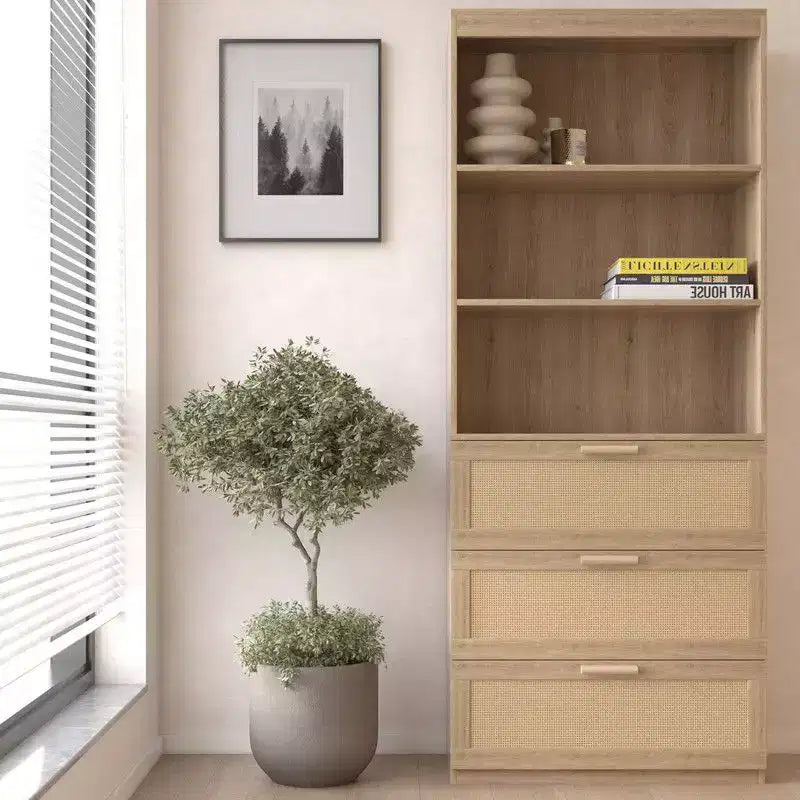 Karl Home Mobile Alto Contenitore, Libreria in Rattan con 3 Cassetti
