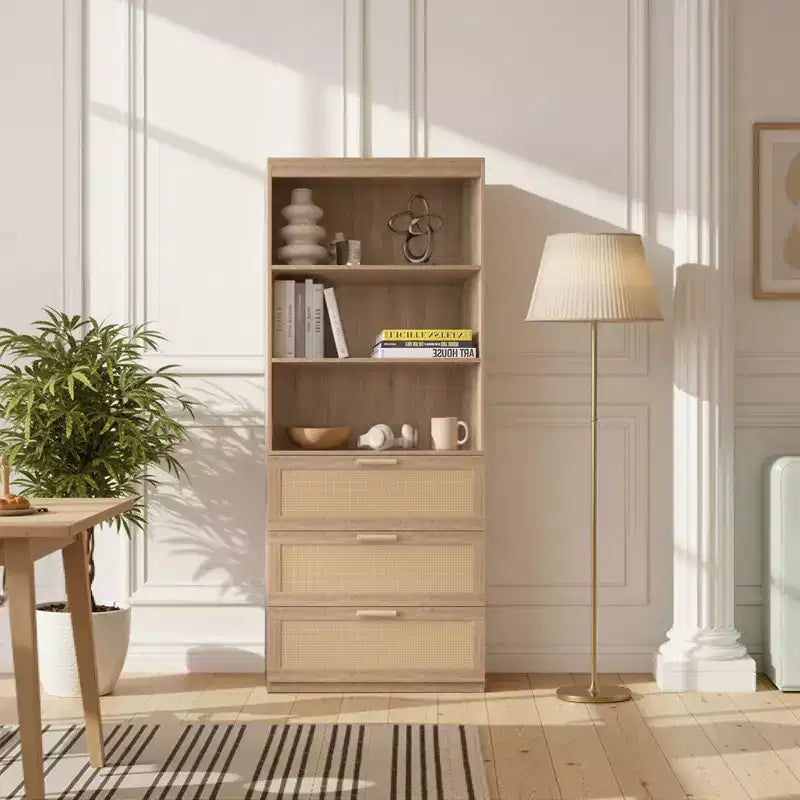 Karl Home Mobile Alto Contenitore, Libreria in Rattan con 3 Cassetti