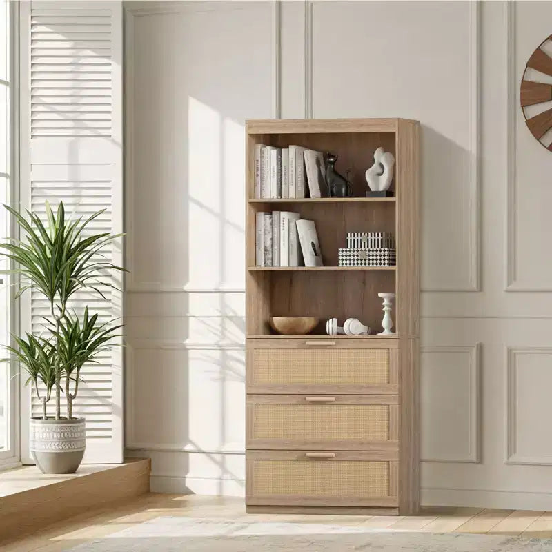 Karl Home Mobile Alto Contenitore, Libreria in Rattan con 3 Cassetti