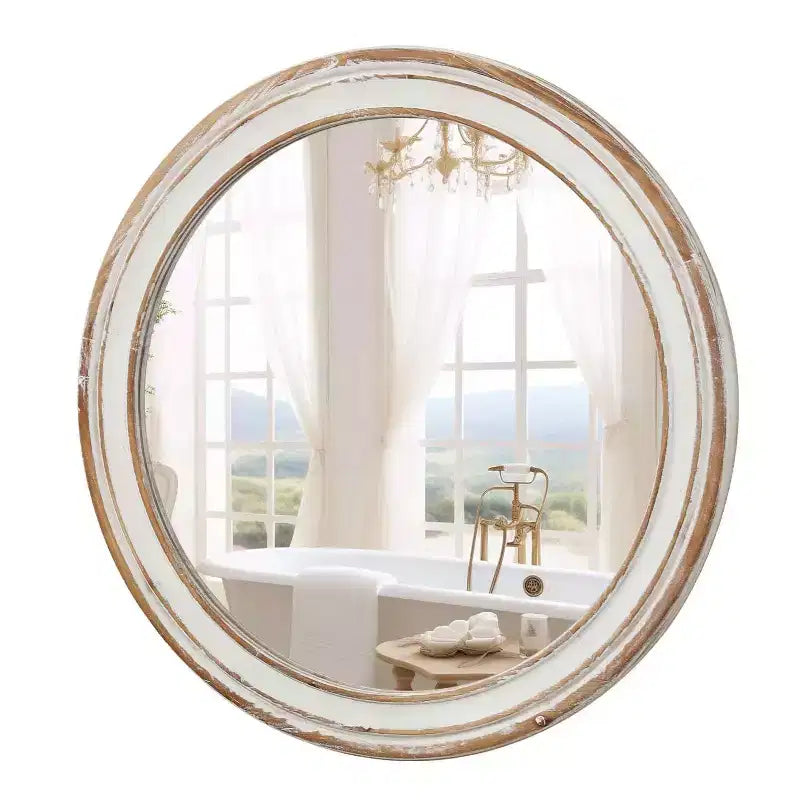 MAYEERTY 24 inches Wooden Farmhouse Round Wall Mirror for Bathroom Vanity Bedroom Living Room Kitchen Office