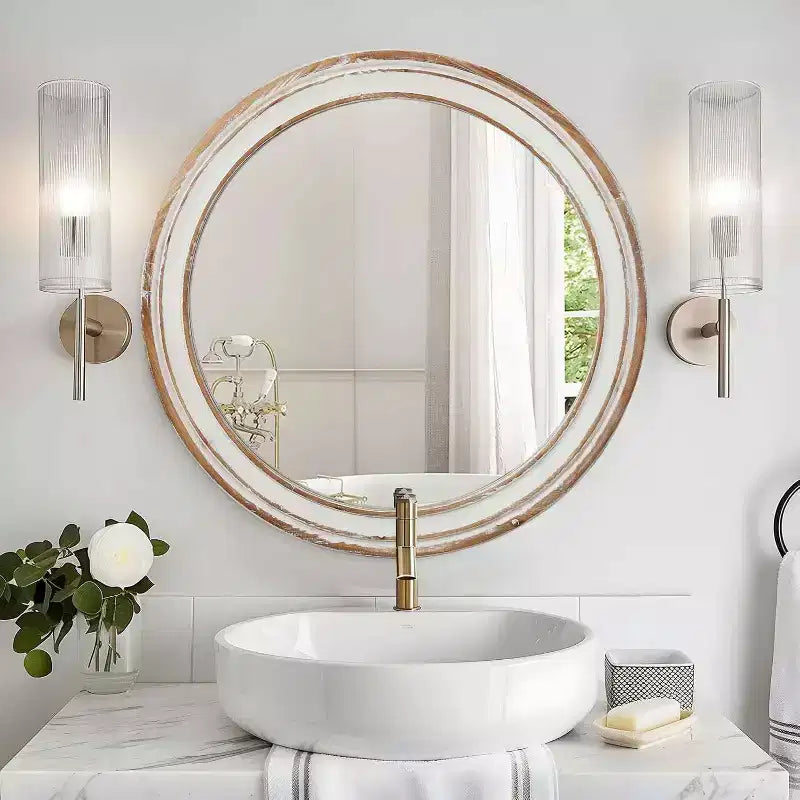 MAYEERTY Miroir Mural Rond de Ferme en Bois de 61 cm pour Salle de Bain, Coiffeuse, Chambre à Coucher, Salon, Cuisine, Bureau