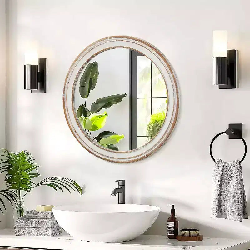 MAYEERTY Miroir Mural Rond de Ferme en Bois de 61 cm pour Salle de Bain, Coiffeuse, Chambre à Coucher, Salon, Cuisine, Bureau