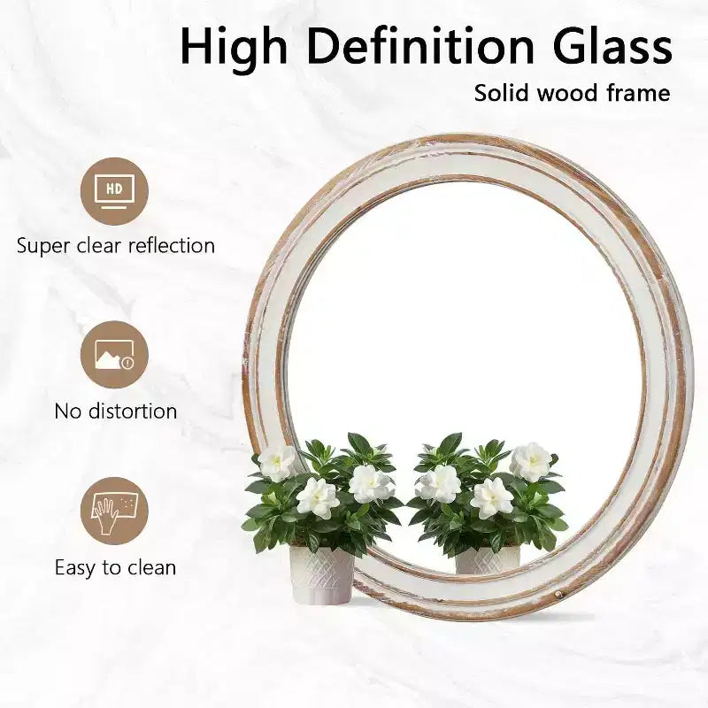 MAYEERTY Miroir Mural Rond de Ferme en Bois de 61 cm pour Salle de Bain, Coiffeuse, Chambre à Coucher, Salon, Cuisine, Bureau