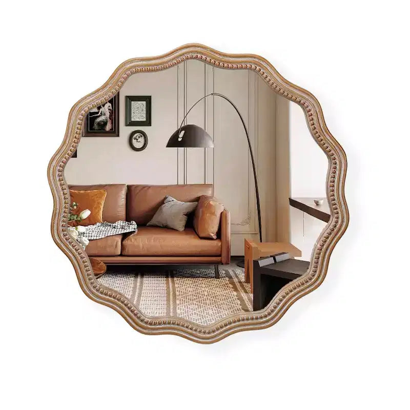 MAYEERTY 23.63 Wood Round Wavy Wall Mirror Modern Framhouse Decor Scalloped Mirror for Bathroom Living Room