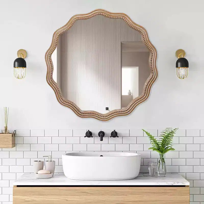 MAYEERTY 23.63 Specchio da parete rotondo ondulato in legno Decorazione moderna in stile rustico Specchio smerlato per bagno e soggiorno