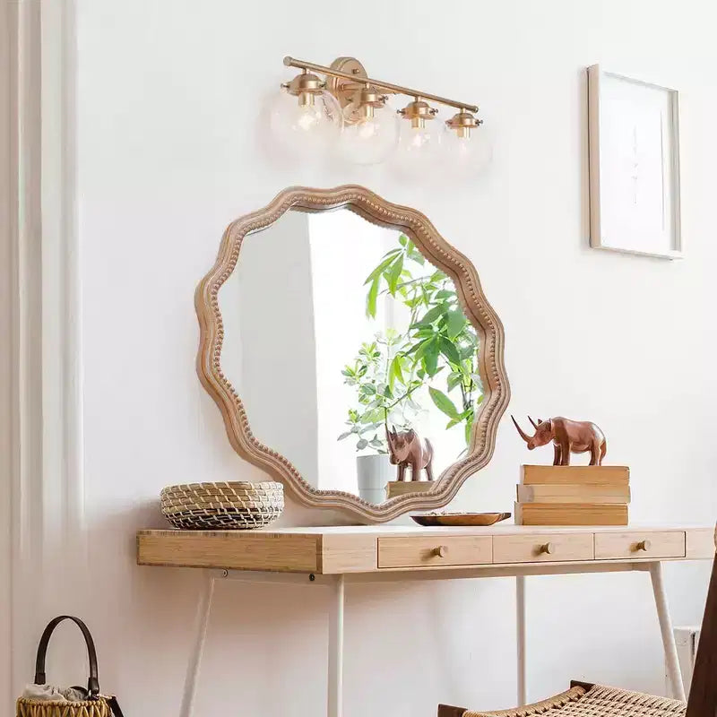 MAYEERTY 23.63 Miroir mural rond ondulé en bois Décor de ferme moderne Miroir festonné pour salle de bain et salon