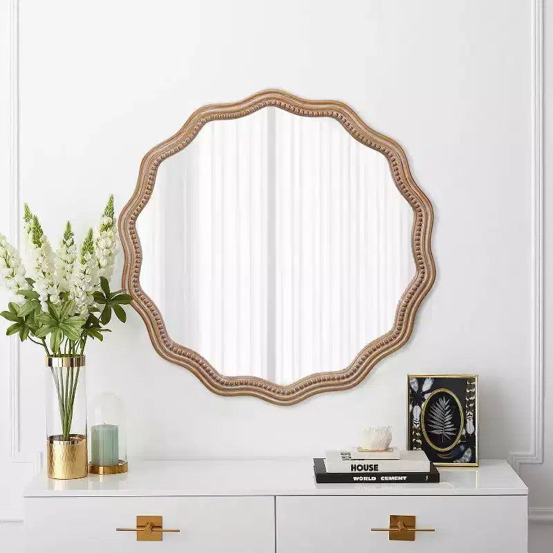 MAYEERTY 23.63 Miroir mural rond ondulé en bois Décor de ferme moderne Miroir festonné pour salle de bain et salon