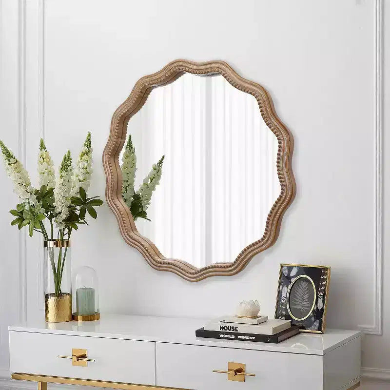 MAYEERTY 23.63 Specchio da parete rotondo ondulato in legno Decorazione moderna in stile rustico Specchio smerlato per bagno e soggiorno