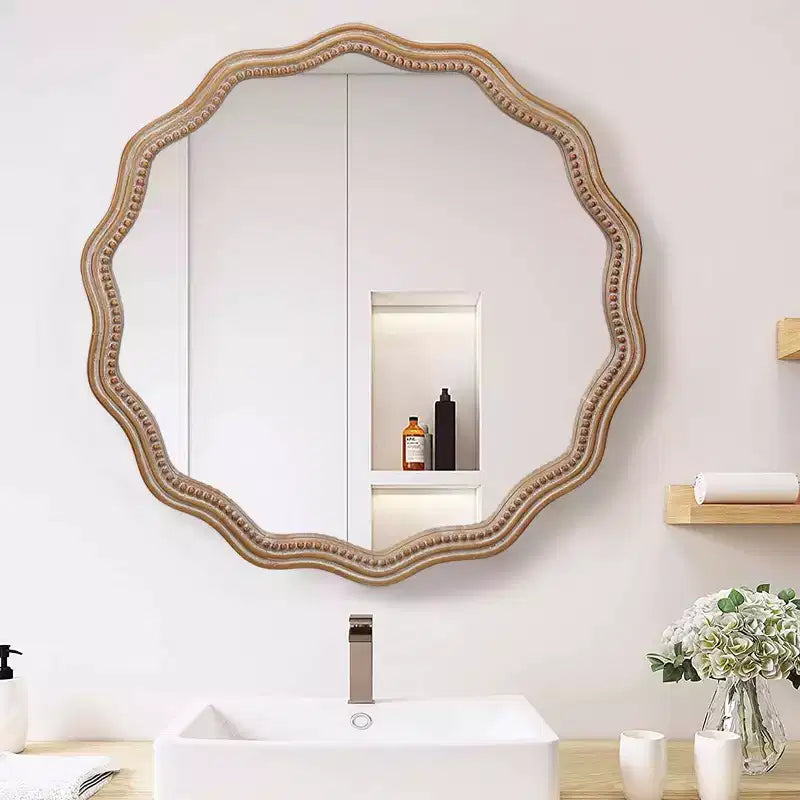 MAYEERTY 23.63 Specchio da parete rotondo ondulato in legno Decorazione moderna in stile rustico Specchio smerlato per bagno e soggiorno