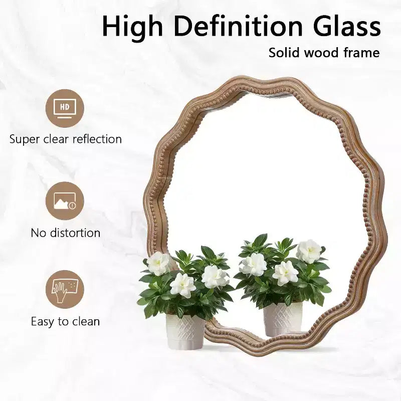 MAYEERTY 23.63 Specchio da parete rotondo ondulato in legno Decorazione moderna in stile rustico Specchio smerlato per bagno e soggiorno