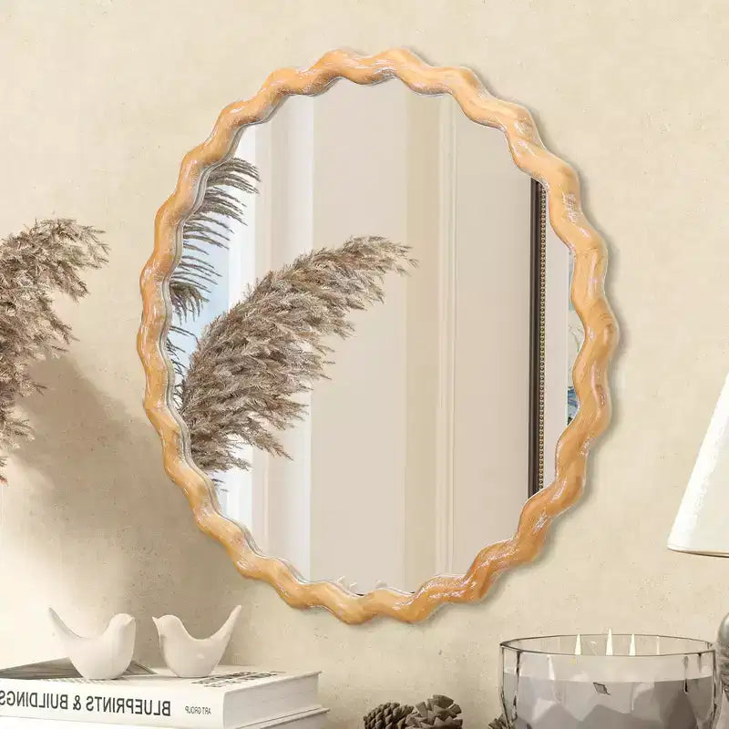 MAYEERTY Miroir mural rond en bois ondulé de 27,5 po, bord blanchi, miroir décoratif pour salle de bain, chambre à coucher, salon