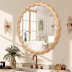 Specchio da parete rotondo MAYEERTY 27.5 in legno, con bordo ondulato sbiancato, specchio decorativo per bagno, vanità, camera da letto, soggiorno