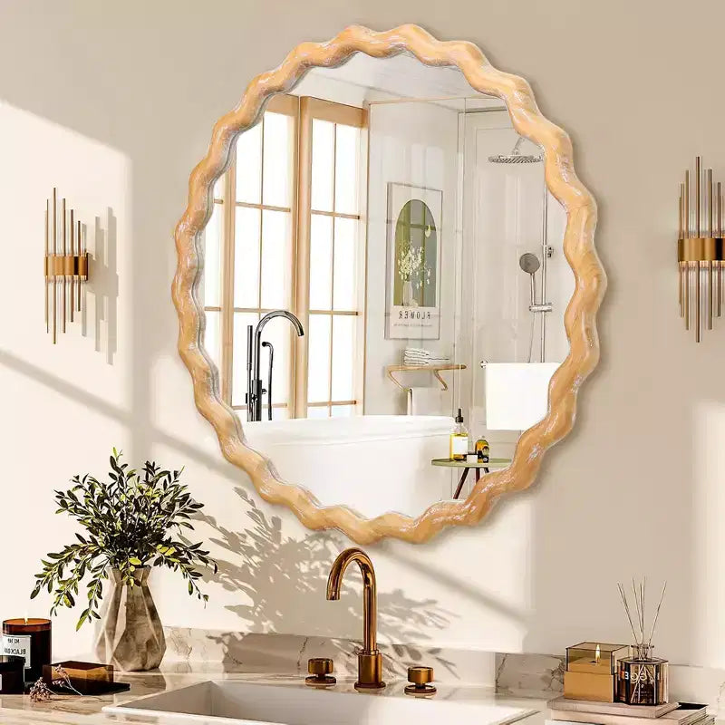 MAYEERTY Miroir mural rond en bois ondulé de 27,5 po, bord blanchi, miroir décoratif pour salle de bain, chambre à coucher, salon