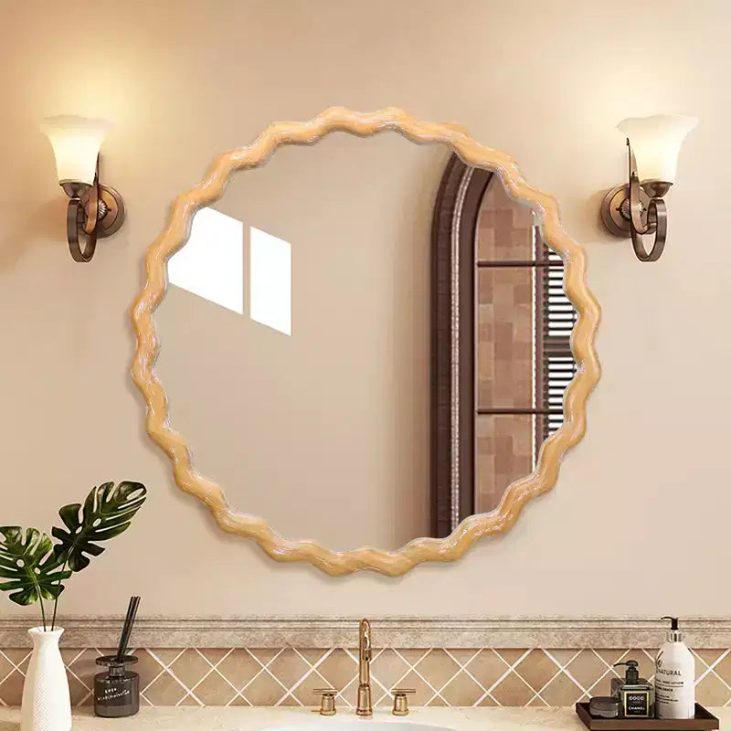 MAYEERTY Miroir mural rond en bois ondulé de 27,5 po, bord blanchi, miroir décoratif pour salle de bain, chambre à coucher, salon