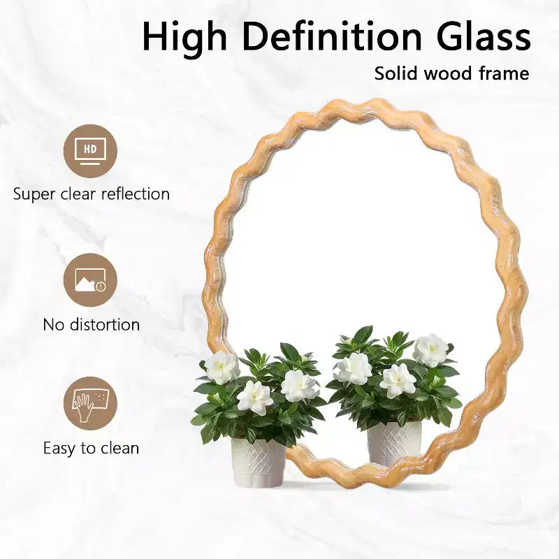 Specchio da parete rotondo MAYEERTY 27.5 in legno, con bordo ondulato sbiancato, specchio decorativo per bagno, vanità, camera da letto, soggiorno