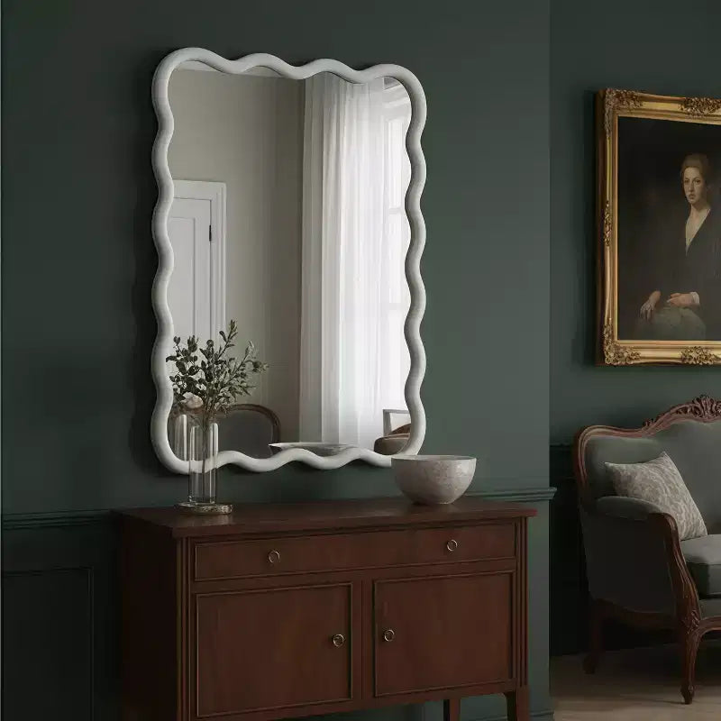 MAYEERTY 30 x 40 Specchio Decorativo Rettangolare Ondulato con Cornice in Legno Massello per Camera da Letto Bagno Soggiorno Bianco