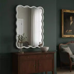 MAYEERTY 30 x 40 Specchio Decorativo Rettangolare Ondulato con Cornice in Legno Massello per Camera da Letto Bagno Soggiorno Bianco