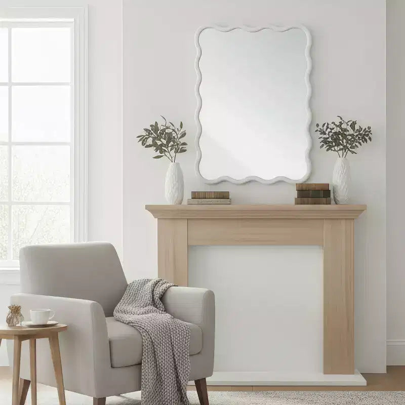 MAYEERTY 30 x 40 Specchio Decorativo Rettangolare Ondulato con Cornice in Legno Massello per Camera da Letto Bagno Soggiorno Bianco