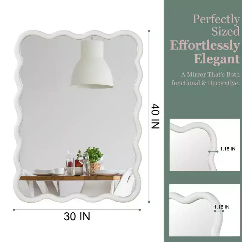 MAYEERTY 30 x 40 Specchio Decorativo Rettangolare Ondulato con Cornice in Legno Massello per Camera da Letto Bagno Soggiorno Bianco