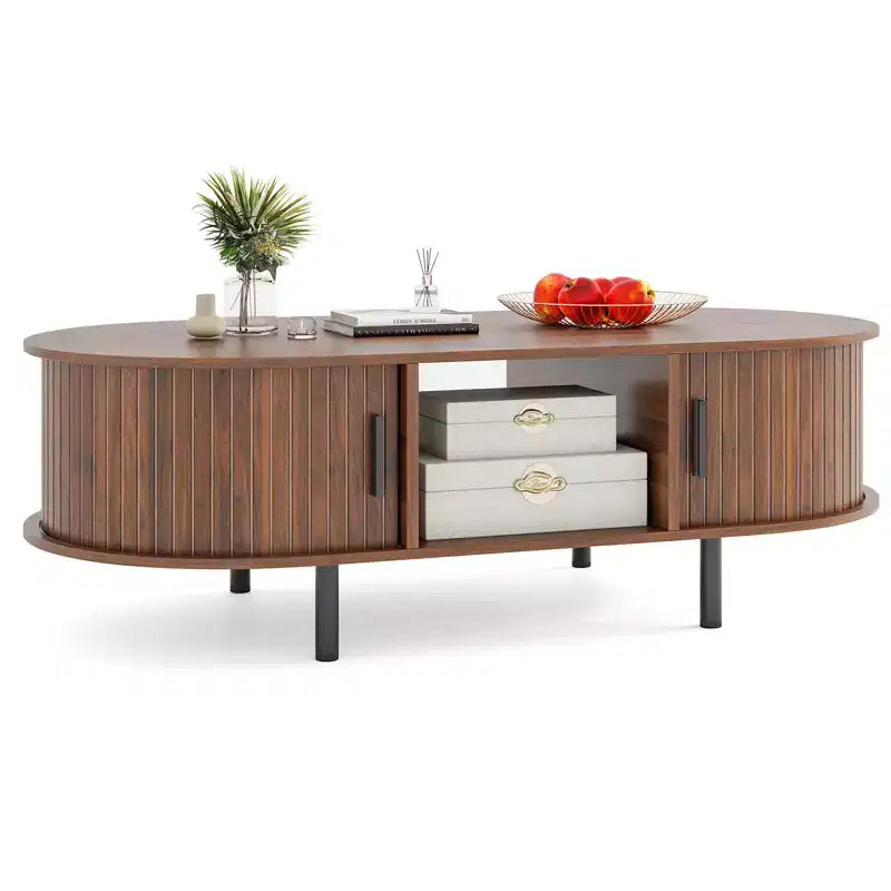 Table basse Costway 48 avec portes coulissantes cannelées et compartiment ouvert de style scandinave