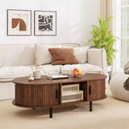 Table basse Costway 48 avec portes coulissantes cannelées et compartiment ouvert de style scandinave