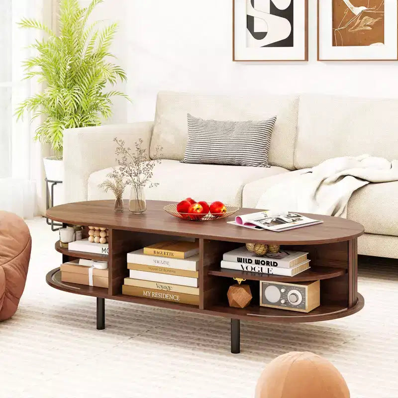 Table basse Costway 48 avec portes coulissantes cannelées et compartiment ouvert de style scandinave