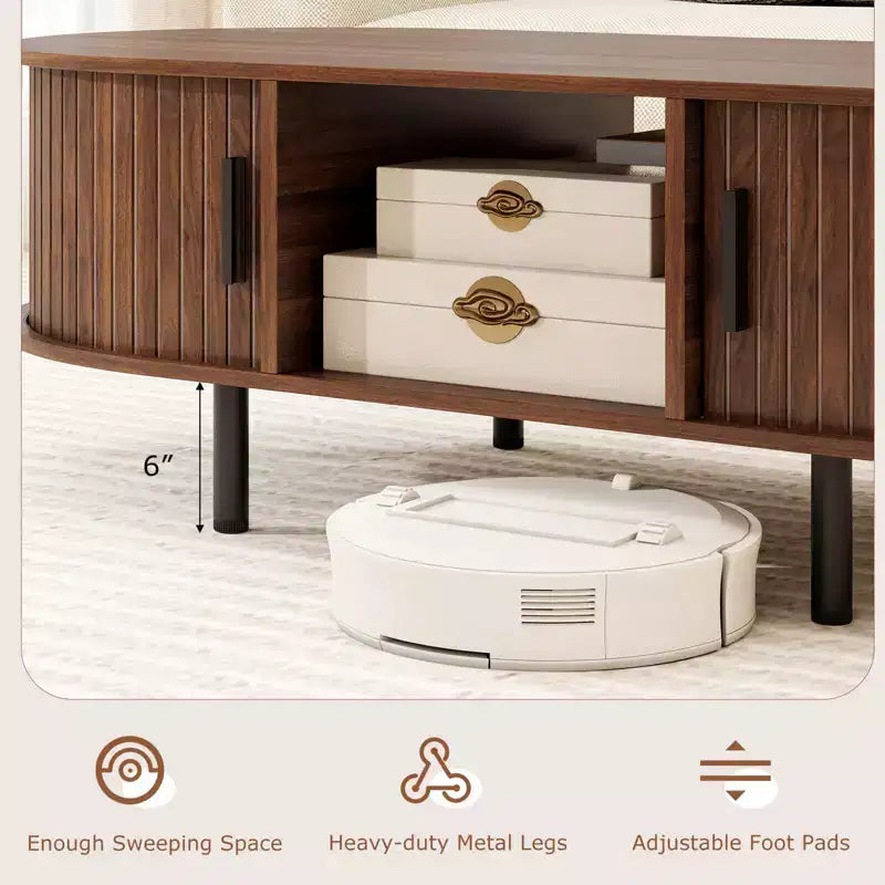 Table basse Costway 48 avec portes coulissantes cannelées et compartiment ouvert de style scandinave