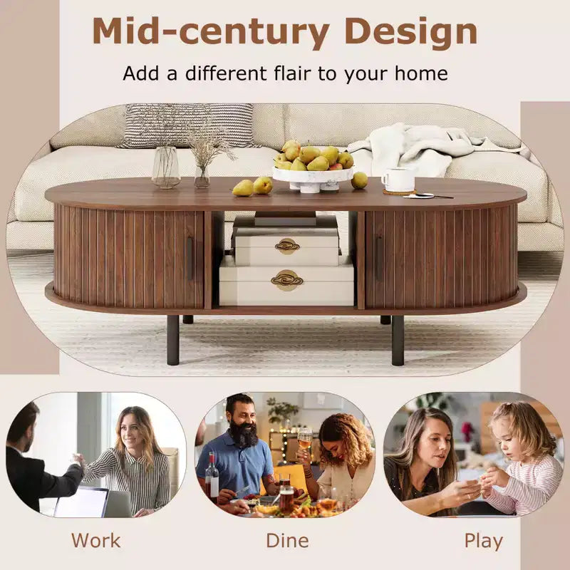Table basse Costway 48 avec portes coulissantes cannelées et compartiment ouvert de style scandinave