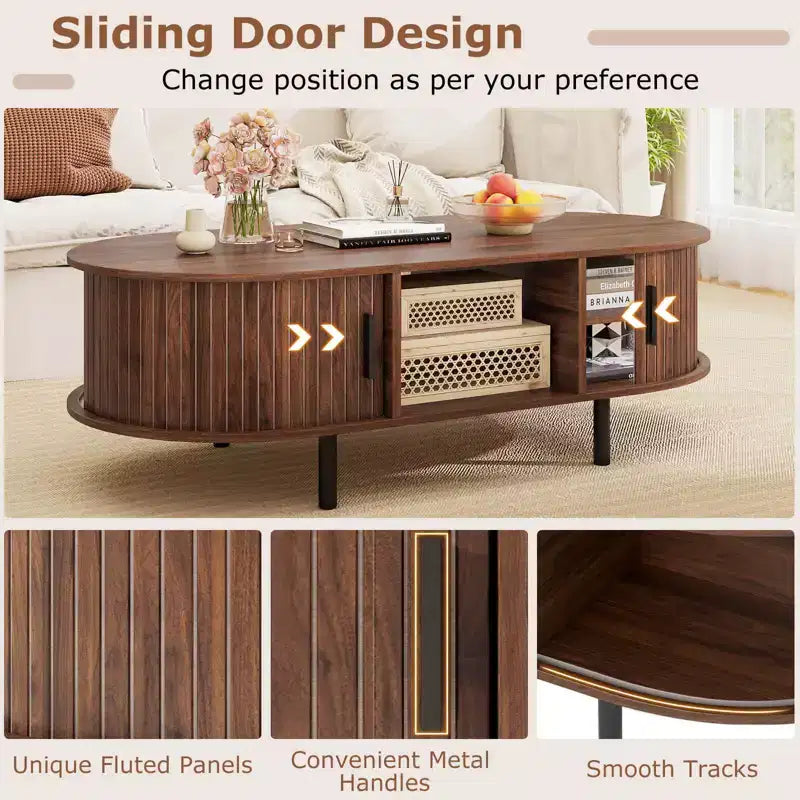 Table basse Costway 48 avec portes coulissantes cannelées et compartiment ouvert de style scandinave