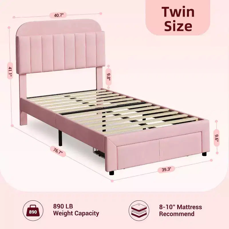 Struttura Letto Singolo per Bambini, Letto a Piattaforma Imbottito con Ampio Cassetto Contenitore e Testiera a Libreria, Montaggio Facile Senza Rumore, Letto per Bambini e Bambine