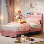 Struttura Letto Singolo per Bambini, Letto a Piattaforma Imbottito con Ampio Cassetto Contenitore e Testiera a Libreria, Montaggio Facile Senza Rumore, Letto per Bambini e Bambine
