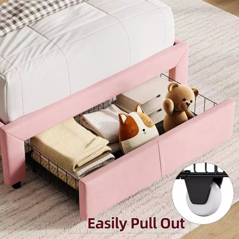 Struttura Letto Singolo per Bambini, Letto a Piattaforma Imbottito con Ampio Cassetto Contenitore e Testiera a Libreria, Montaggio Facile Senza Rumore, Letto per Bambini e Bambine