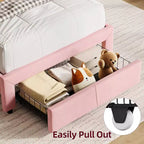 Struttura Letto Singolo per Bambini, Letto a Piattaforma Imbottito con Ampio Cassetto Contenitore e Testiera a Libreria, Montaggio Facile Senza Rumore, Letto per Bambini e Bambine