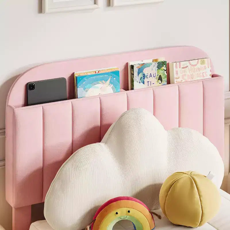 Struttura Letto Singolo per Bambini, Letto a Piattaforma Imbottito con Ampio Cassetto Contenitore e Testiera a Libreria, Montaggio Facile Senza Rumore, Letto per Bambini e Bambine
