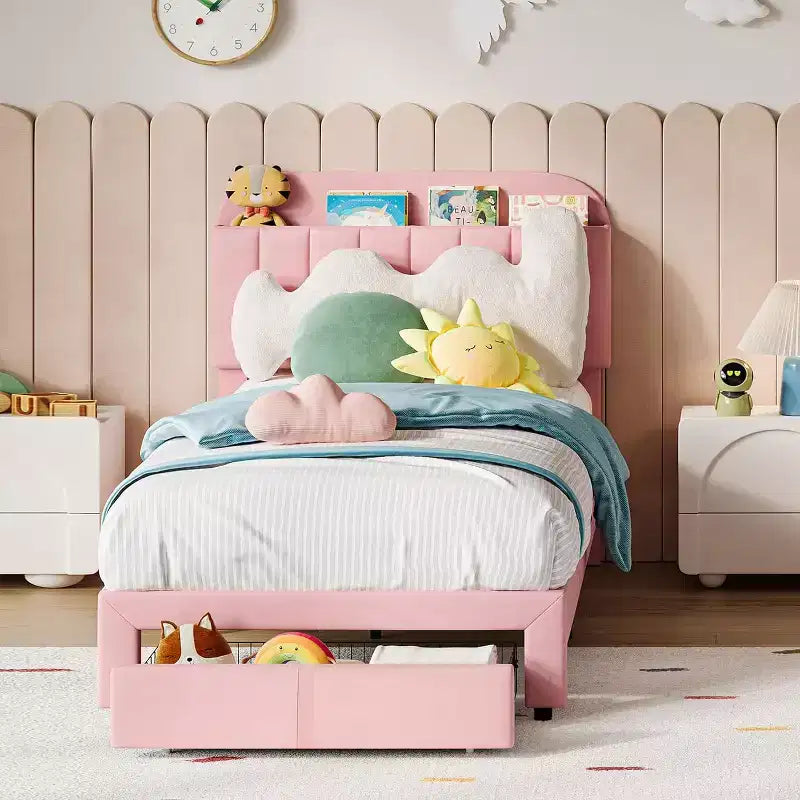 Struttura Letto Singolo per Bambini, Letto a Piattaforma Imbottito con Ampio Cassetto Contenitore e Testiera a Libreria, Montaggio Facile Senza Rumore, Letto per Bambini e Bambine