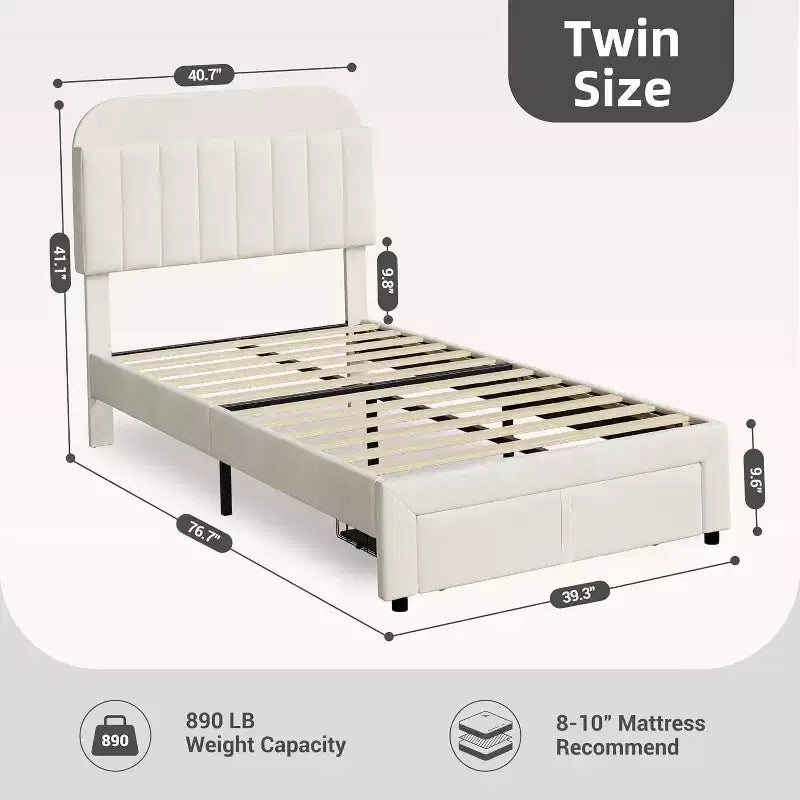 Struttura Letto Singolo per Bambini, Letto a Piattaforma Imbottito con Ampio Cassetto Contenitore e Testiera a Libreria, Montaggio Facile Senza Rumore, Letto per Bambini e Bambine