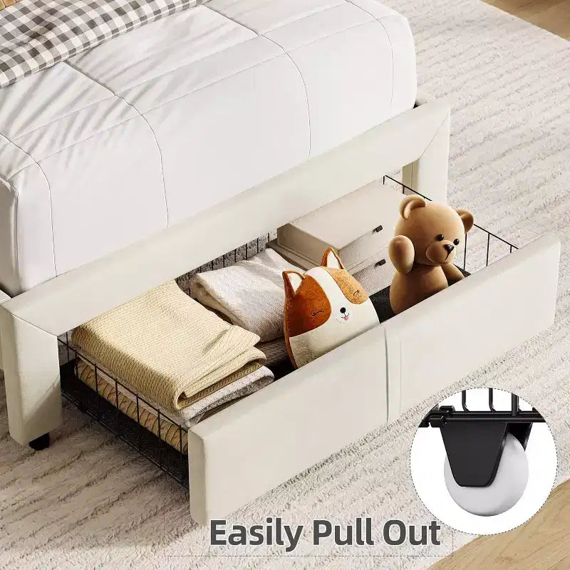 Struttura Letto Singolo per Bambini, Letto a Piattaforma Imbottito con Ampio Cassetto Contenitore e Testiera a Libreria, Montaggio Facile Senza Rumore, Letto per Bambini e Bambine