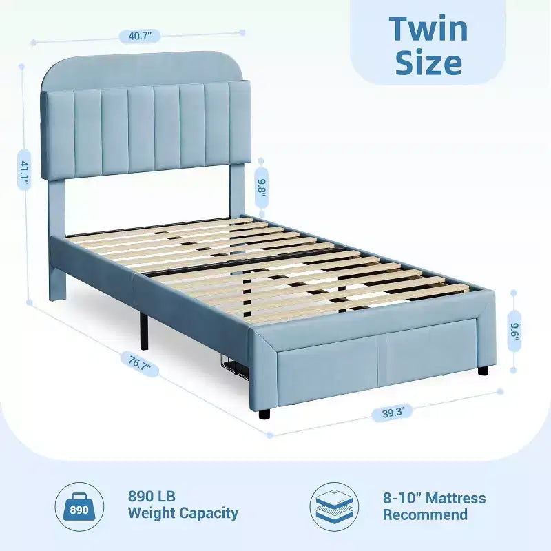 Struttura Letto Singolo per Bambini, Letto a Piattaforma Imbottito con Ampio Cassetto Contenitore e Testiera a Libreria, Montaggio Facile Senza Rumore, Letto per Bambini e Bambine