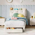 Struttura Letto Singolo per Bambini, Letto a Piattaforma Imbottito con Ampio Cassetto Contenitore e Testiera a Libreria, Montaggio Facile Senza Rumore, Letto per Bambini e Bambine