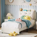 Struttura Letto Singolo per Bambini, Letto a Piattaforma Imbottito con Ampio Cassetto Contenitore e Testiera a Libreria, Montaggio Facile Senza Rumore, Letto per Bambini e Bambine