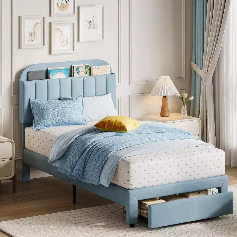 Struttura Letto Singolo per Bambini, Letto a Piattaforma Imbottito con Ampio Cassetto Contenitore e Testiera a Libreria, Montaggio Facile Senza Rumore, Letto per Bambini e Bambine
