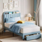 Struttura Letto Singolo per Bambini, Letto a Piattaforma Imbottito con Ampio Cassetto Contenitore e Testiera a Libreria, Montaggio Facile Senza Rumore, Letto per Bambini e Bambine