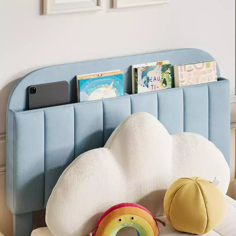 Struttura Letto Singolo per Bambini, Letto a Piattaforma Imbottito con Ampio Cassetto Contenitore e Testiera a Libreria, Montaggio Facile Senza Rumore, Letto per Bambini e Bambine