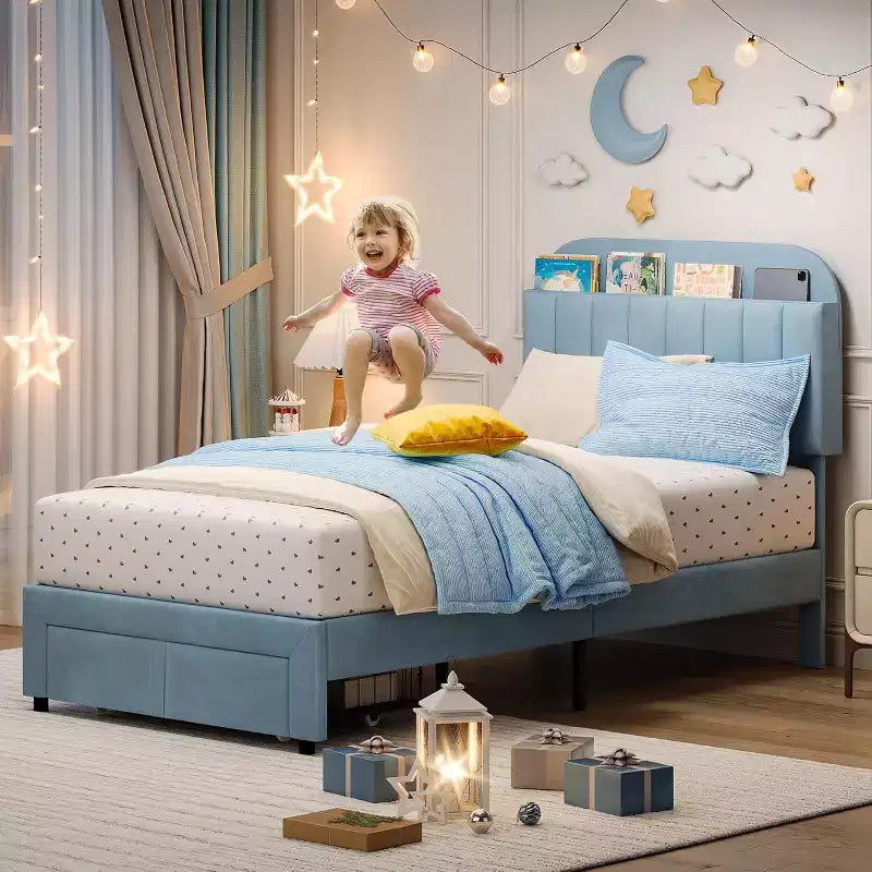 Struttura Letto Singolo per Bambini, Letto a Piattaforma Imbottito con Ampio Cassetto Contenitore e Testiera a Libreria, Montaggio Facile Senza Rumore, Letto per Bambini e Bambine
