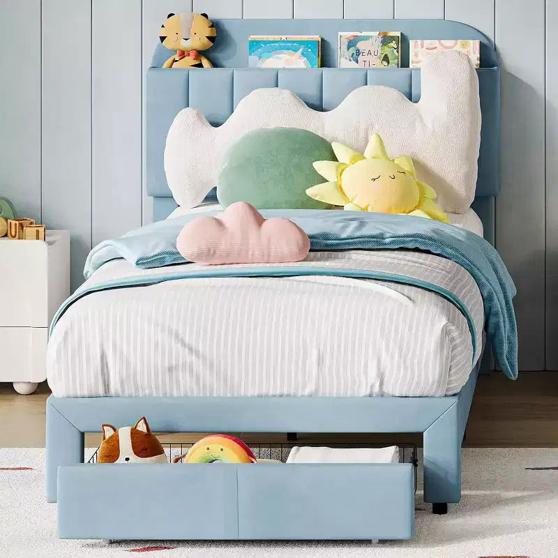 Struttura Letto Singolo per Bambini, Letto a Piattaforma Imbottito con Ampio Cassetto Contenitore e Testiera a Libreria, Montaggio Facile Senza Rumore, Letto per Bambini e Bambine