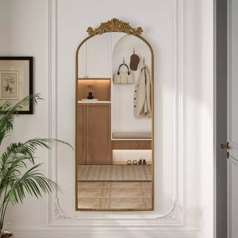 58x24 Arched Vintage Full Body Mirror, Ornate Carved Applique, Wall Mount Mirror for Retro Home Decor, Bronze/Silver - ModernLuxe