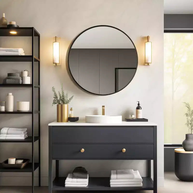 USHOWER Specchio Rotondo Nero per Lavabo da 24 pollici, Specchio da Bagno Circolare, Specchio da Comodino con Cornice in Metallo, Specchio da Parete Moderno per Ingresso Soggiorno