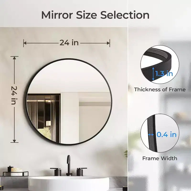 USHOWER Specchio Rotondo Nero per Lavabo da 24 pollici, Specchio da Bagno Circolare, Specchio da Comodino con Cornice in Metallo, Specchio da Parete Moderno per Ingresso Soggiorno