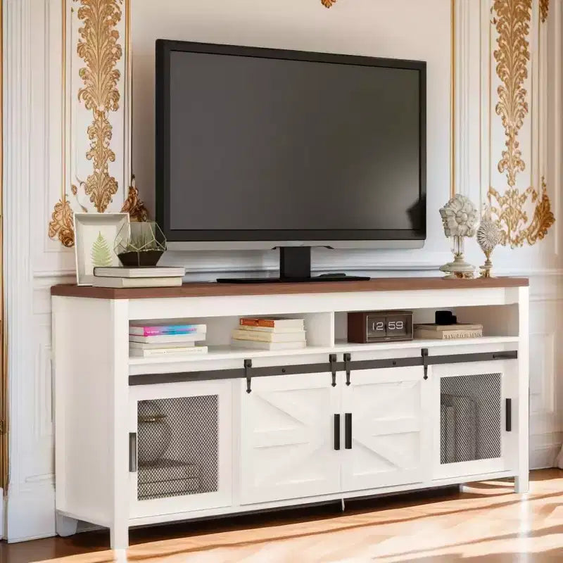 Mobile porta TV da fattoria, Centro di intrattenimento rustico in legno con ante scorrevoli a granaio e ante in rete con spazio di archiviazione per soggiorno, cucina e sala da pranzo