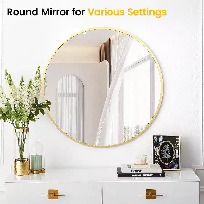 Specchio da bagno rotondo color oro da 18 pollici, elegante specchio sopra il lavandino con cornice in metallo, piccolo specchio da parete per ingresso, toeletta, camera da letto